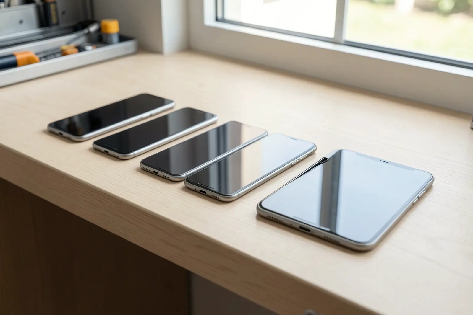 Mesa de trabajo con herramientas para reparar celulares
