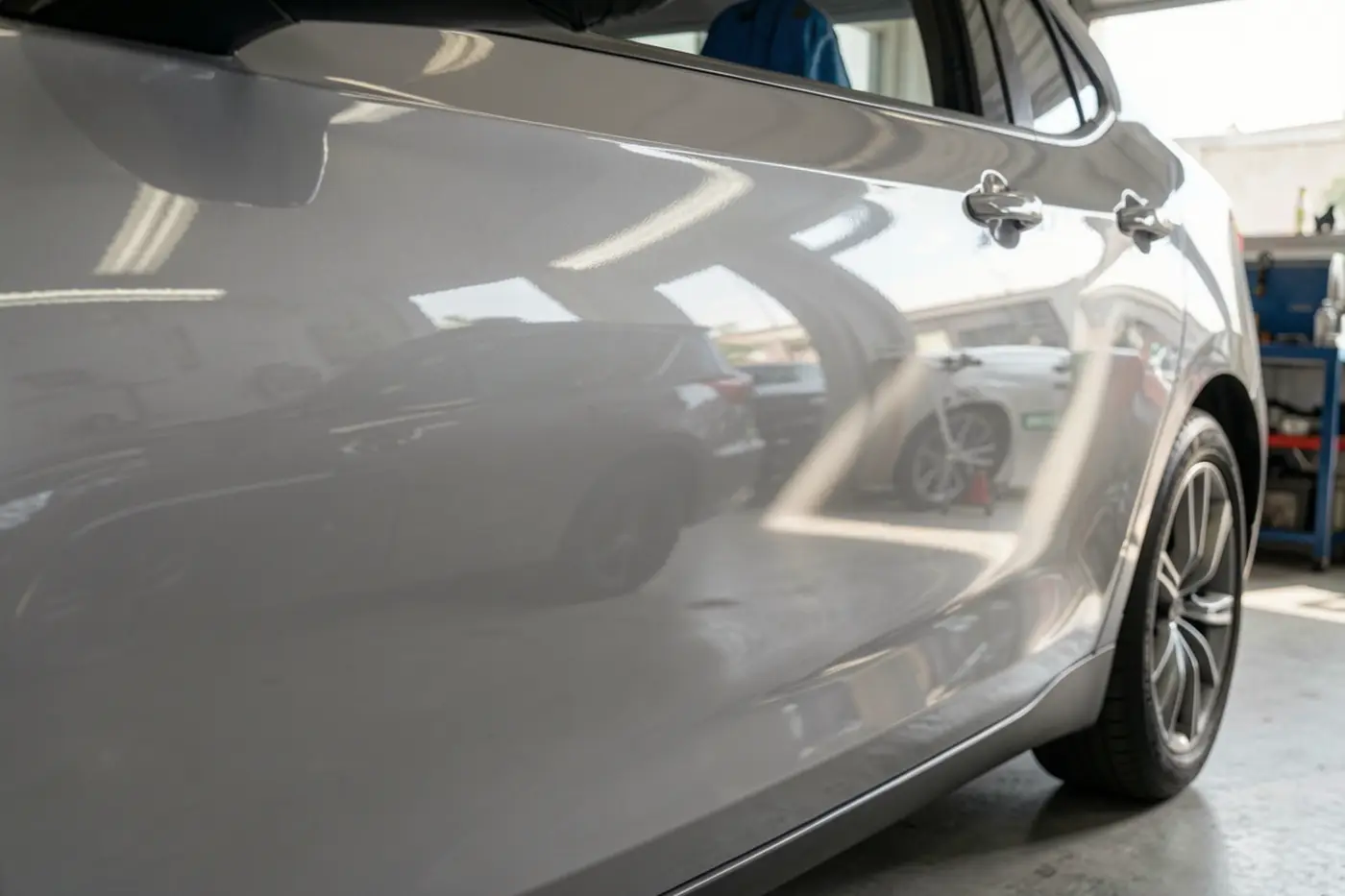 Entrada de un taller de chapa y pintura con un auto en reparación