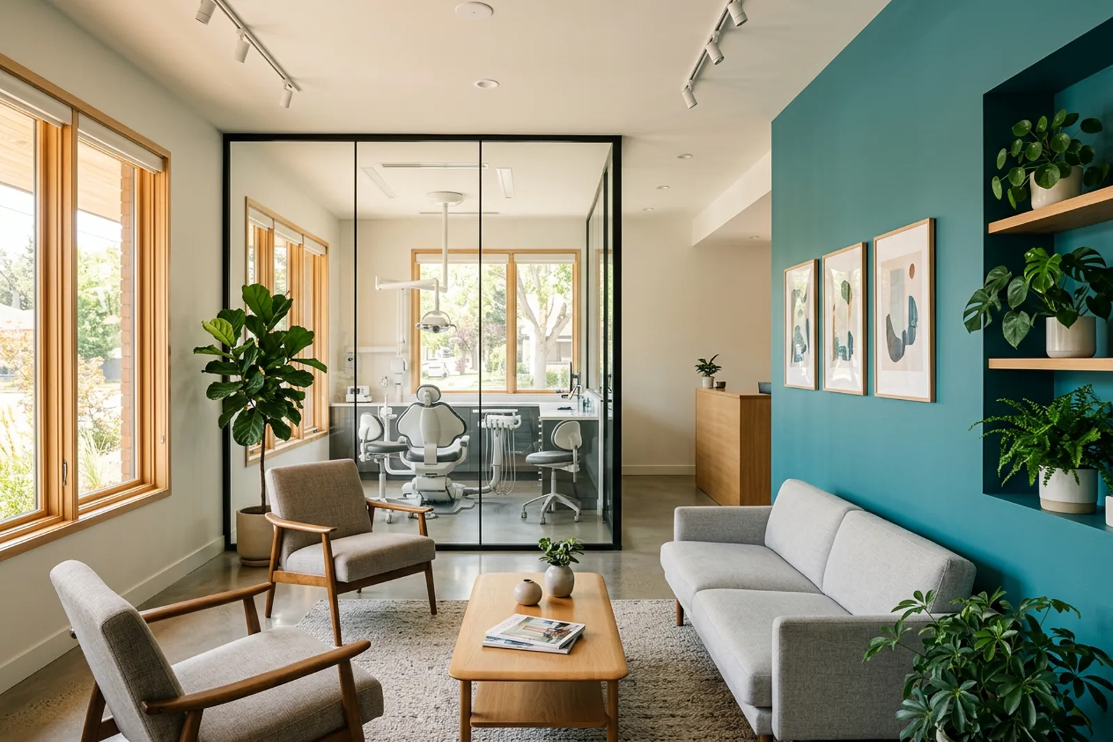 Sala de espera del consultorio con sillón odontológico al fondo