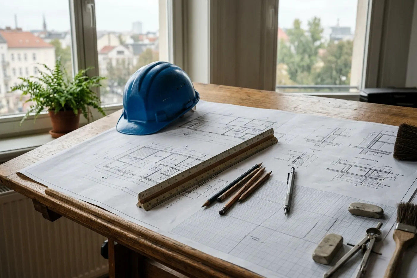 Mesa de trabajo con planos, una regla y un casco de obra