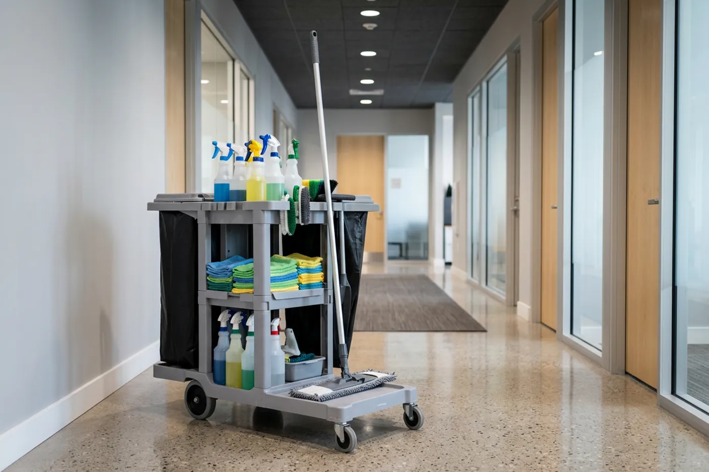 Carrito de limpieza con productos ordenados en una oficina