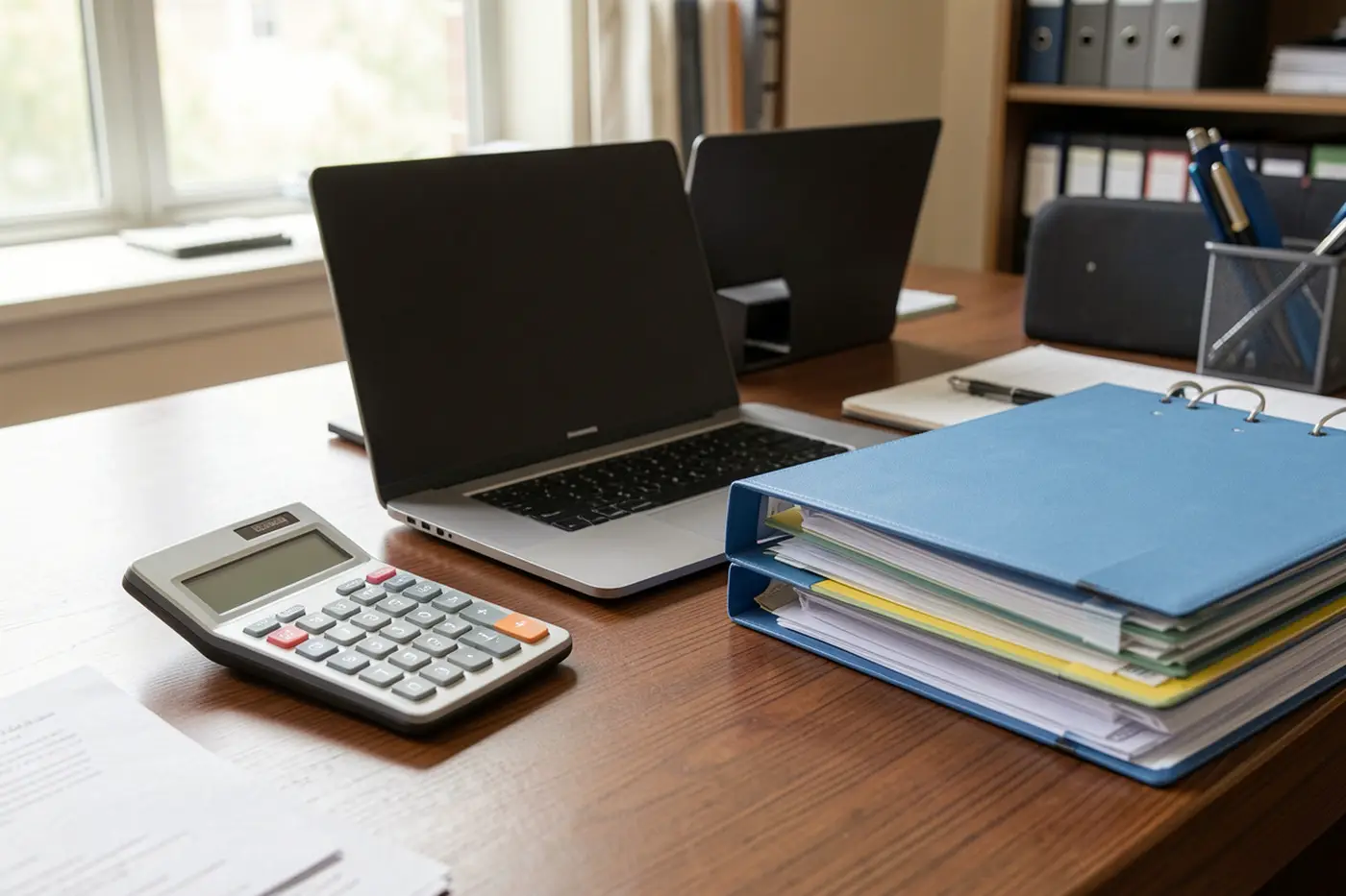 Recepción de un estudio contable con escritorio y carpetas