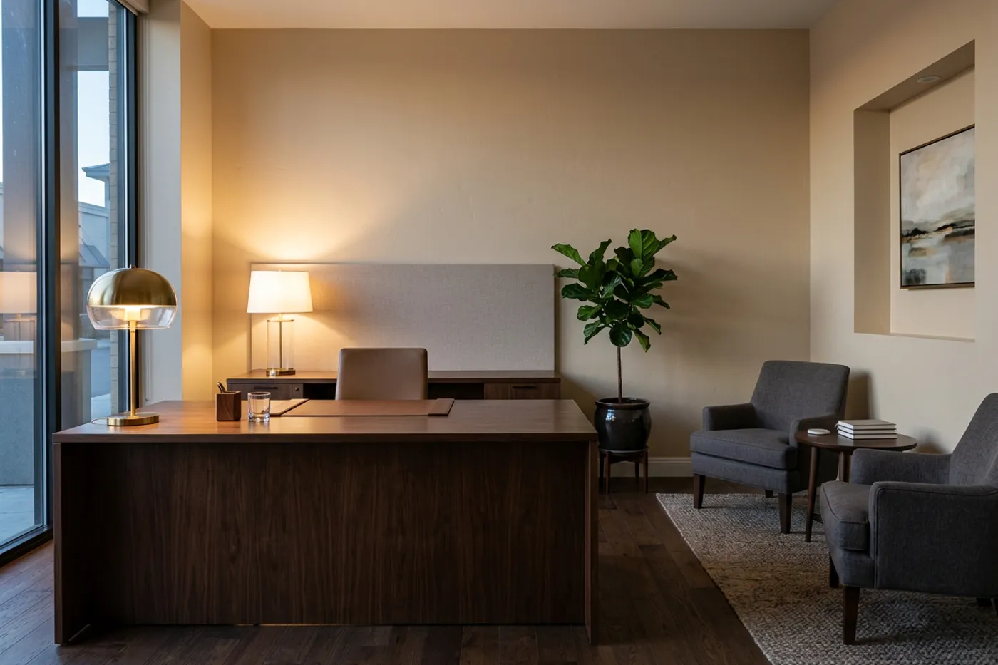 Recepción del estudio con un escritorio de madera y una biblioteca