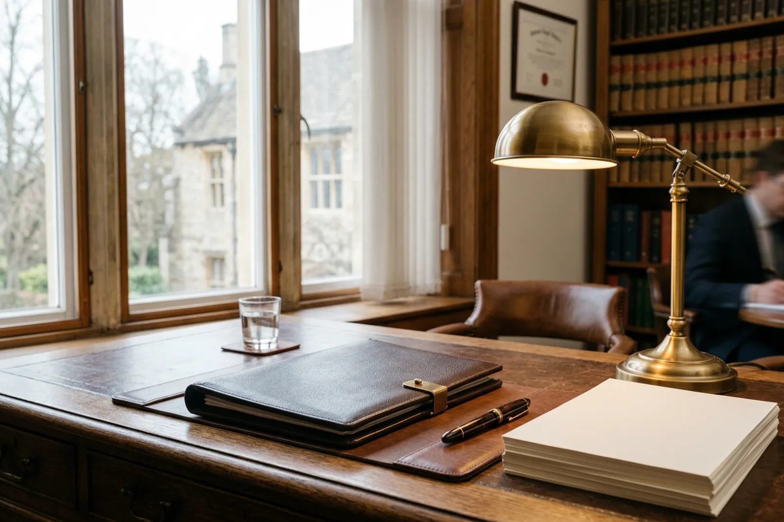 Sala de reuniones del estudio con una mesa larga y una biblioteca