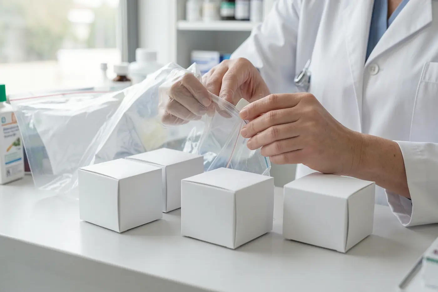 Mostrador de una farmacia con estantes ordenados