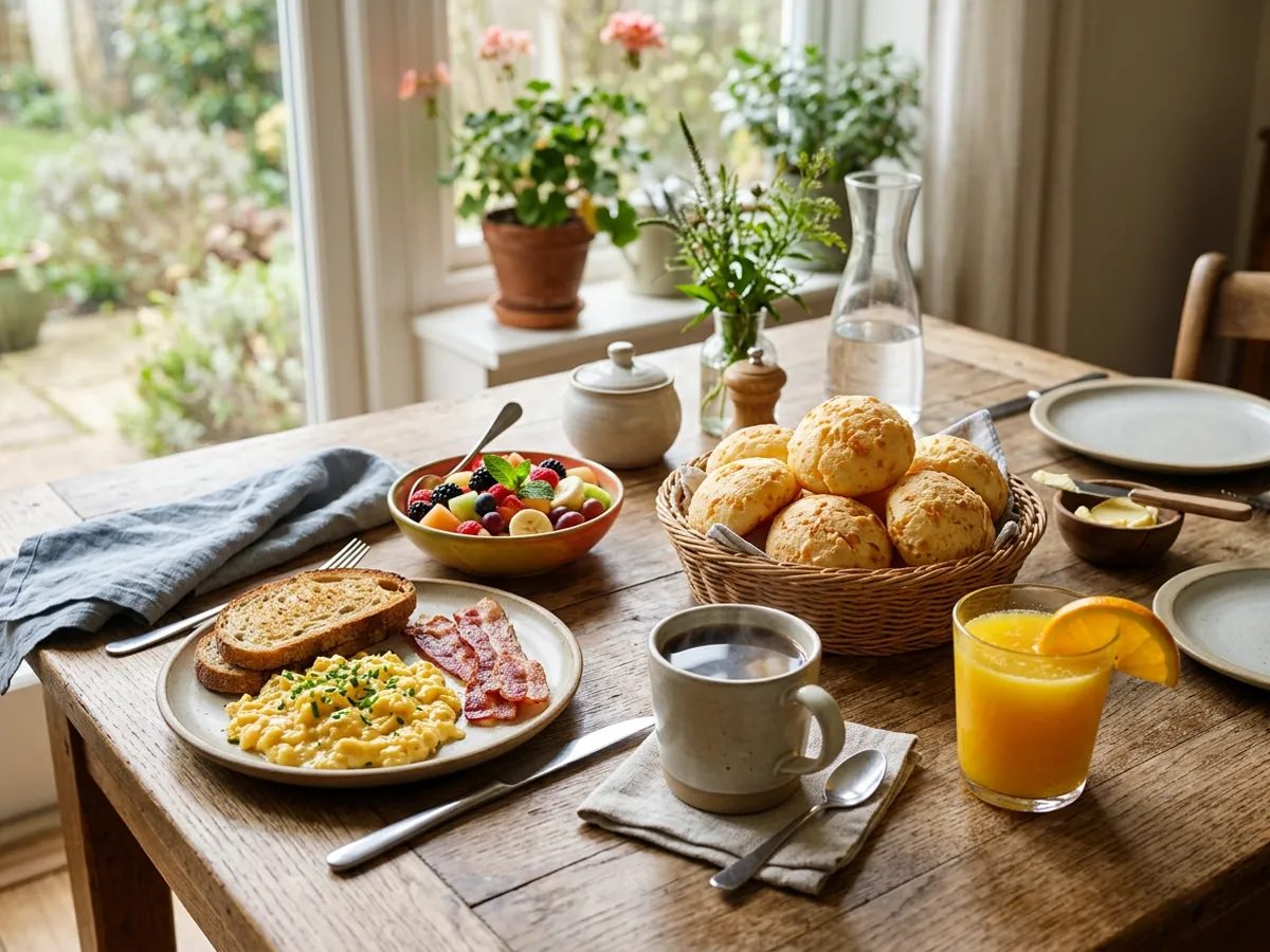 Mesa servida con platos y café