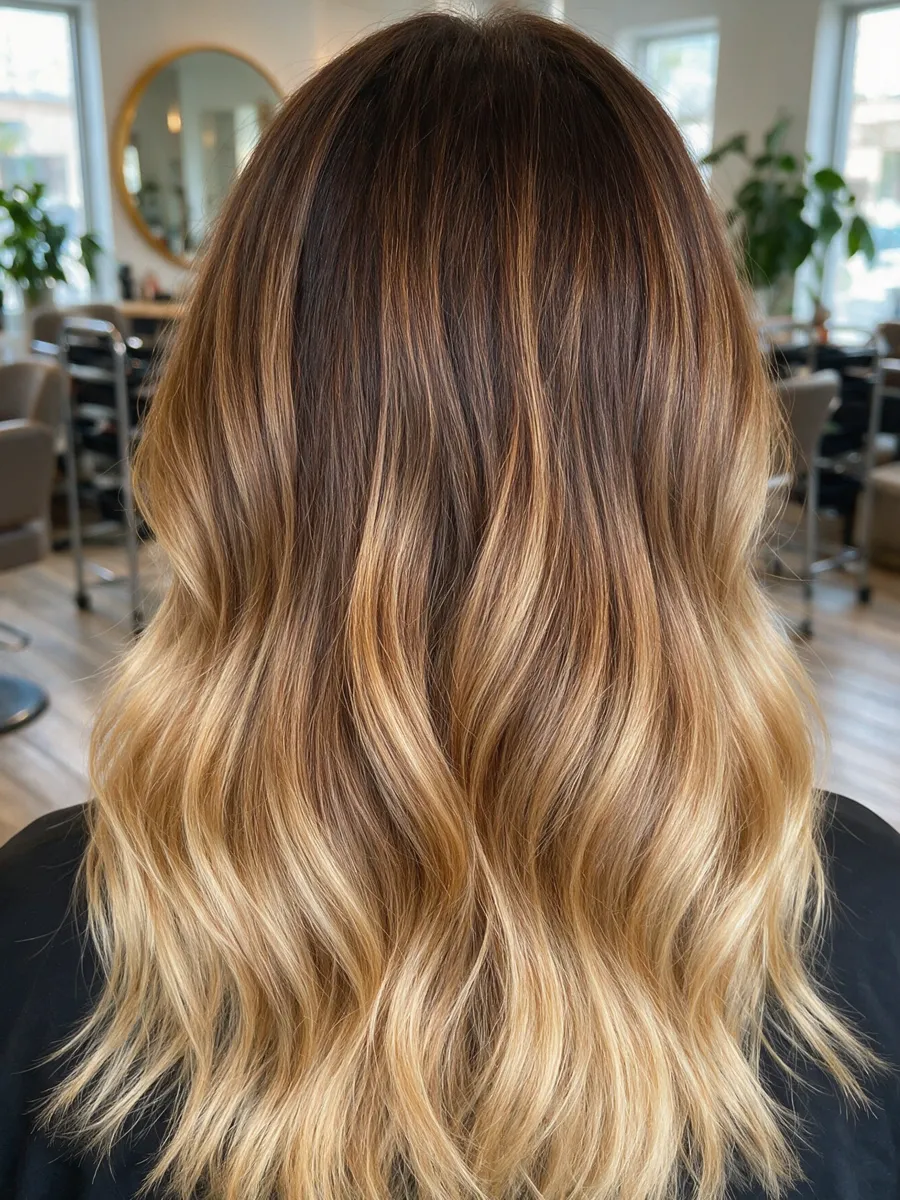 Balayage con mechas que van del castaño a un rubio caramelo