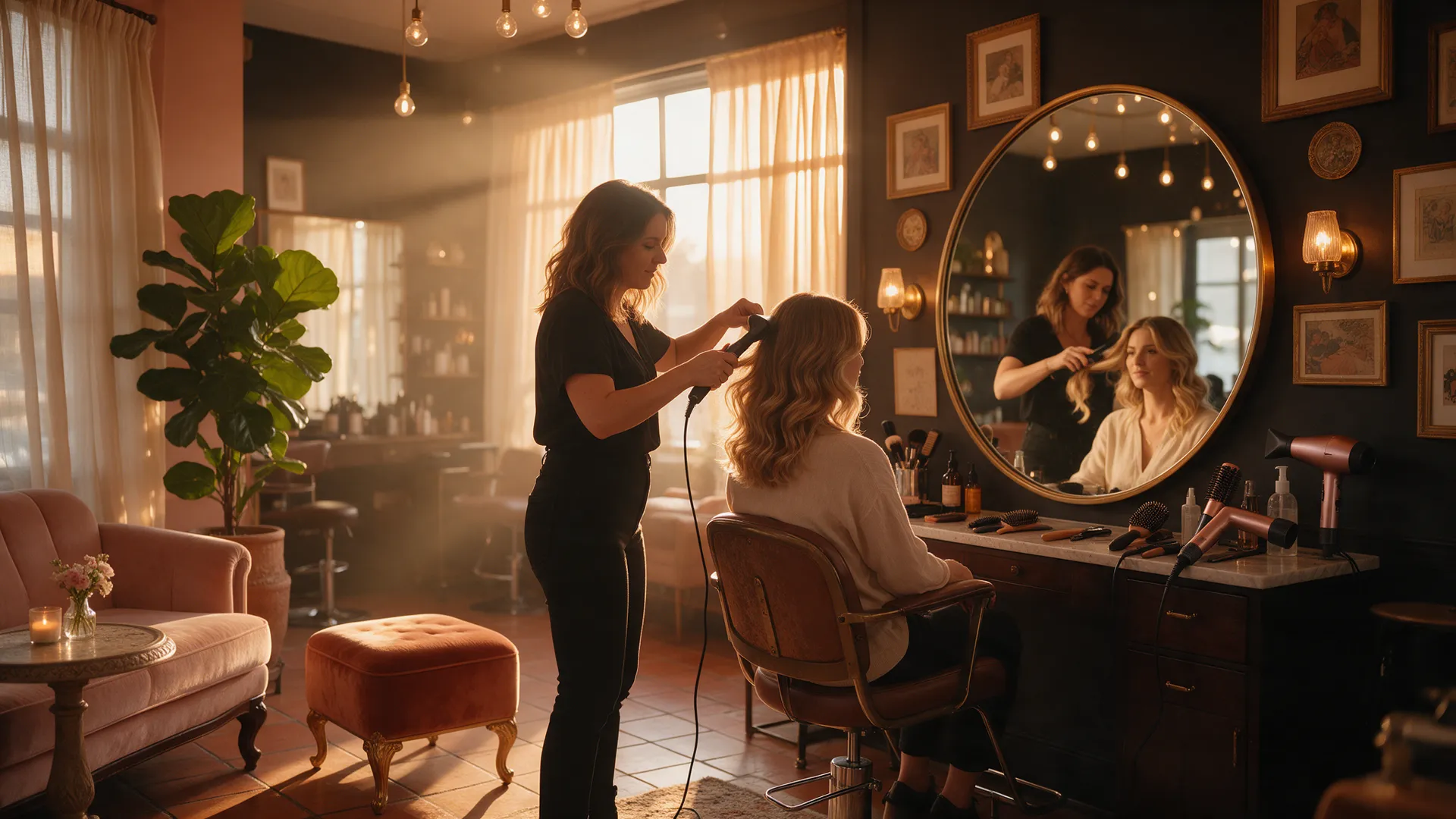 Profesional terminando un brushing con ondas suaves en el salón