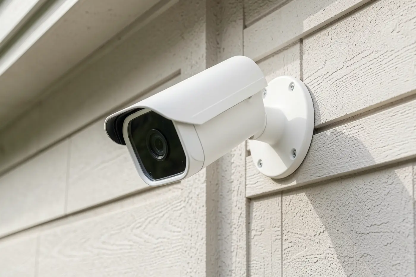 Cámara de seguridad instalada en la esquina de una pared exterior