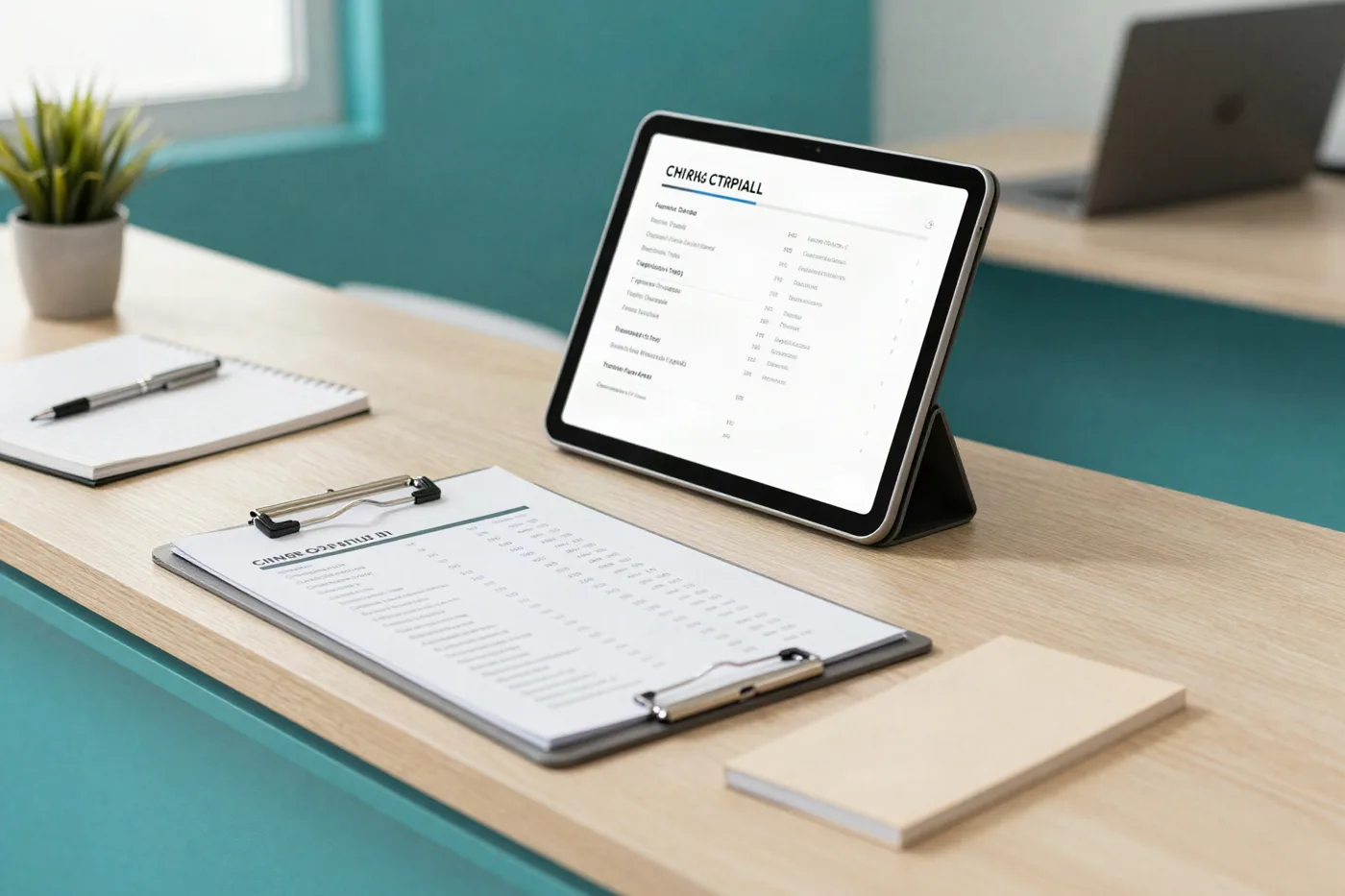 Mostrador con la lista de precios, una tableta y un cuaderno