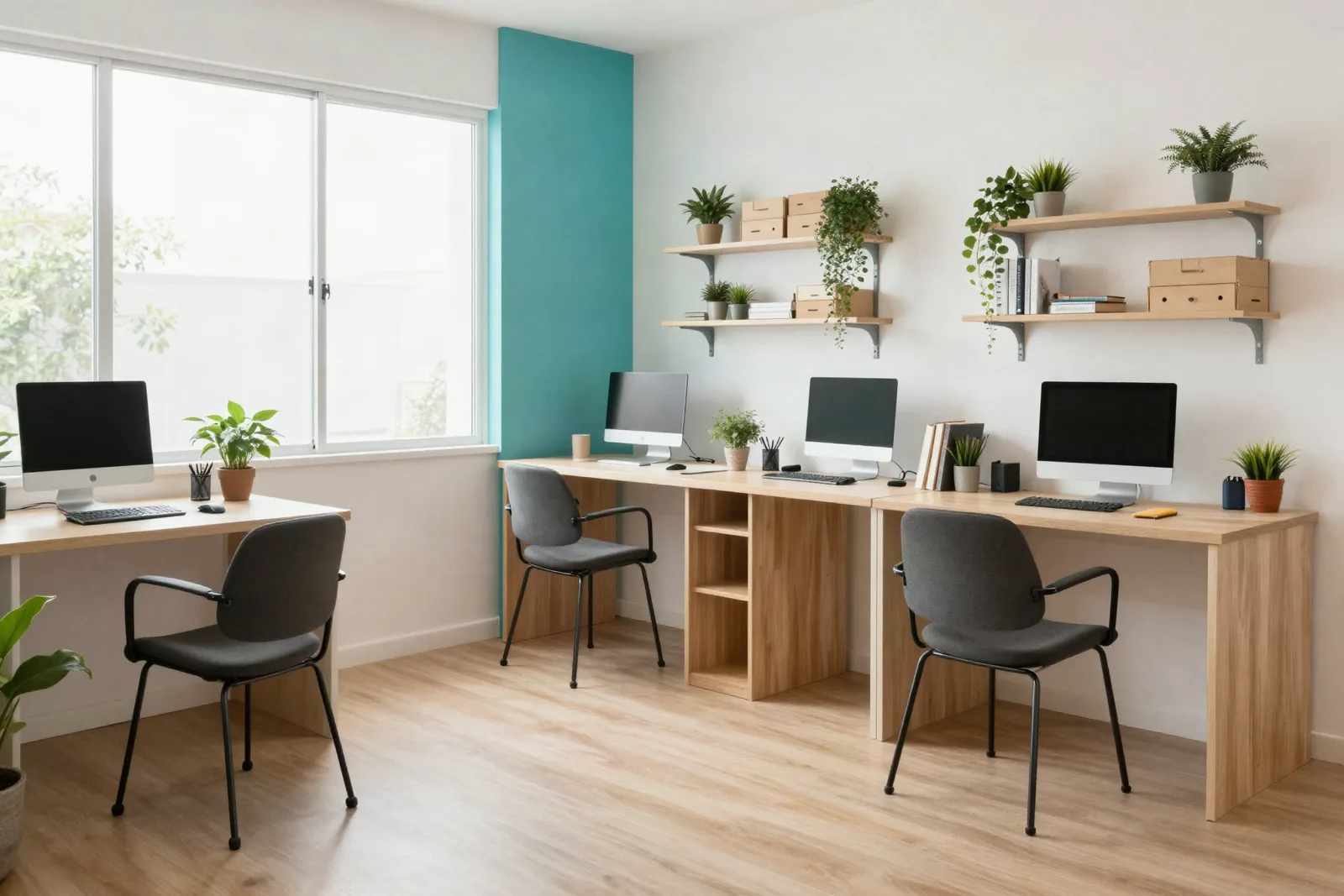 Interior del local con la recepción y los puestos de trabajo