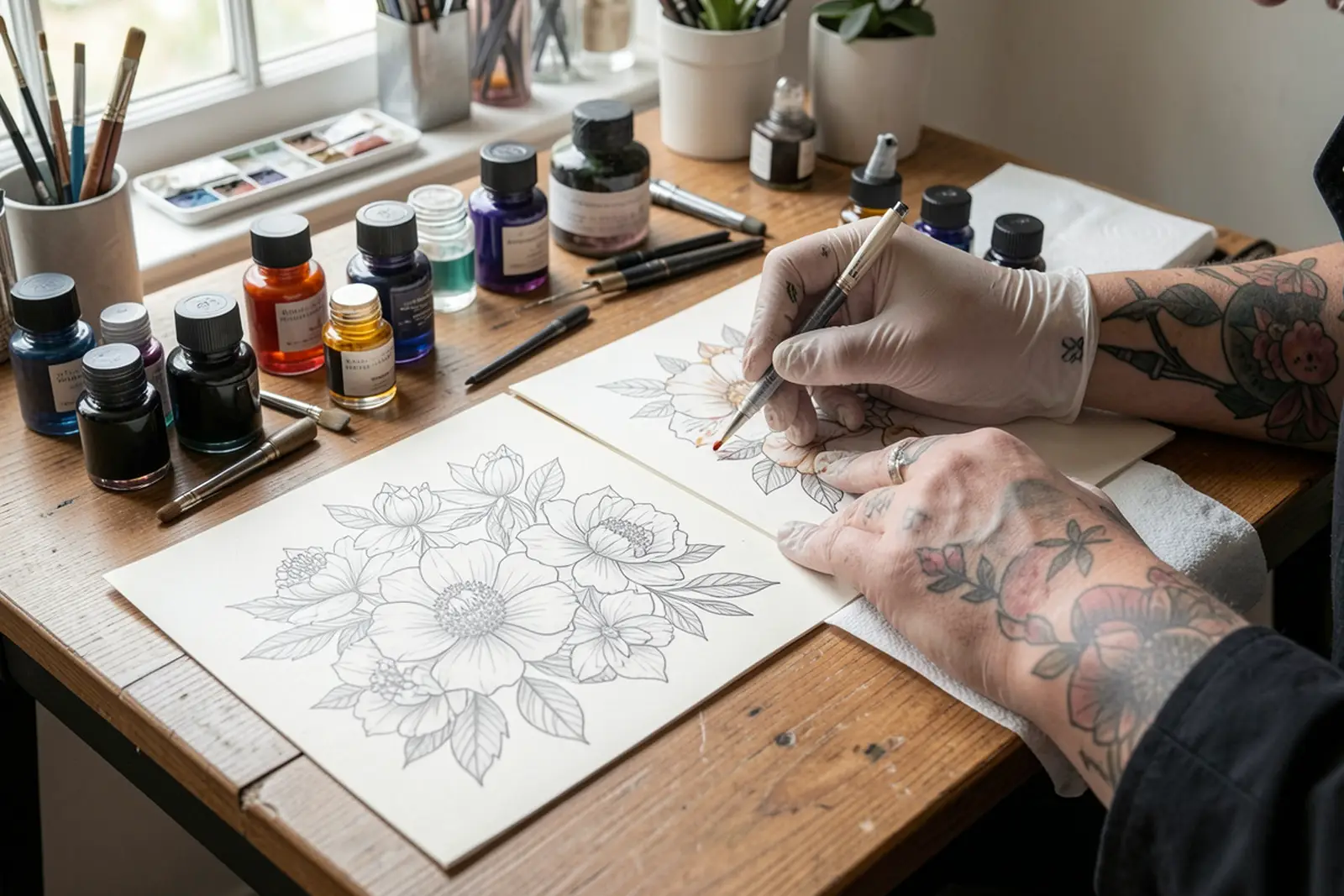 Sala de tatuajes con una camilla y luz cálida